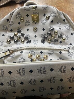 MCM White Visetos Logo Studded Backpack